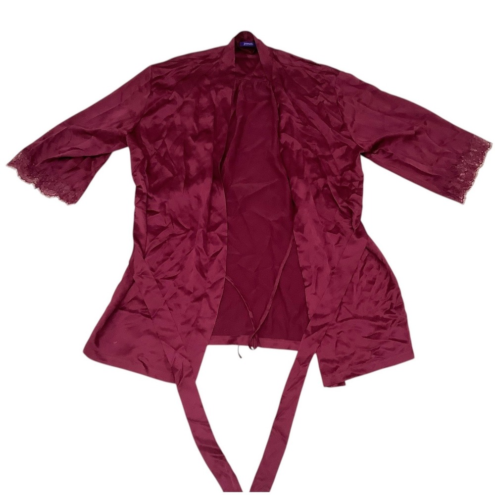 Journelle Silk Robe Burgundy Lace Trim Belted Short Kimono Lingerie Womens M